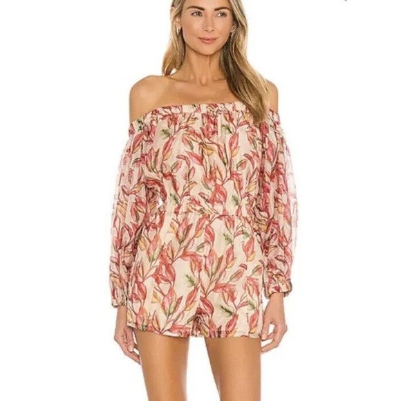 Lovers + Friends Pants - Lovers + Friends Bosworth Romper Floral Off Shoulder Long Sleeve beige Emory